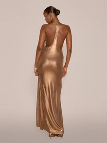 MUSERA Metallic Golden Scoop Front Sleeveless Maxi Dress Sexy Evening Night Going Out Fall Winter Autumn Solitude - Brown - View 2