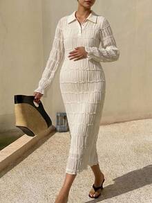 DAZY Solid Color Textured Fabric Long Sleeve Dress, Elegant Vacation Korean Style Spring/Autumn Maternity Dress - Beige - View 3