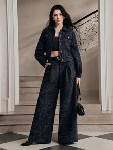 Anewsta Women's Autumn/Winter Modern Versatile Commute Metallic Thread Tweed High Waist Metal Buckle Draped Wide Leg Pants - Navy Blue - View 6