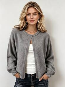 SHEIN Women's Autumn/Winter Casual Minimalist Dropped Shoulder Flare Sleeve Cardigan - Grey - View 8