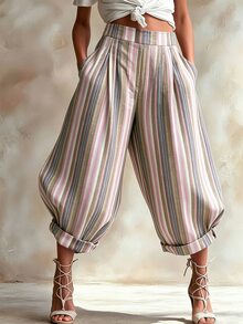 SHEIN 復古粉色條紋波希米亞風女款寬腿長褲，休閒褲適合度假、日常通勤、派對 - 彩色 - 查看 1