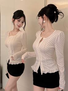Dazy Tall Women's Round Neck Lace Patchwork Polka Dot Elegant T-Shirt - White - View 9