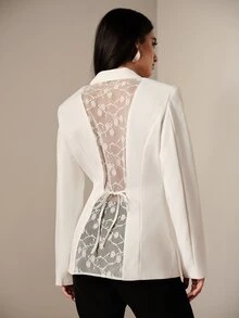 BELROSIE Women's Blazer Jacket Lace Slim Fit Cinched Waist, Large Back Lace Patchwork Design, Back Waist Tie Detail, V-Shaped Open Back Cut, Elegant Lace Blaze - White - View 3