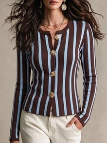 SHEIN Slim Fit Elegant French Contrast Color Brown And Blue Stripe Long Sleeve Knit Cardigan Office Brunch Fall - Multicolor - View 2
