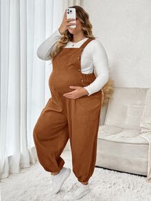 Plussiva بنطلون أوفرول طويل كاجوال يومي بلون موحد للحوامل مقاس كبير - بني فاتح - مشاهدة 8