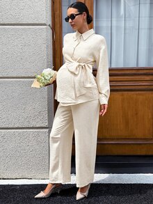 SHEIN 孕婦紋理長袖上衣與可調腰長褲 2 件套裝 - 杏色 - 查看 9