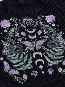 ROMWE Dark Gothic Witch Divination Forest Butterfly Forest Loose Plus Size Pullover Sweater - Black - View 2