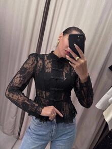 Serisse Women's Lace Frog Button Placket Ruffle Hem Blouse - Black - View 10