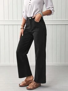 EMERY ROSE Quần jean denim nữ ống đứng dáng rộng, phong cách thường ngày đa năng, có túi - màu đen - Xem 9