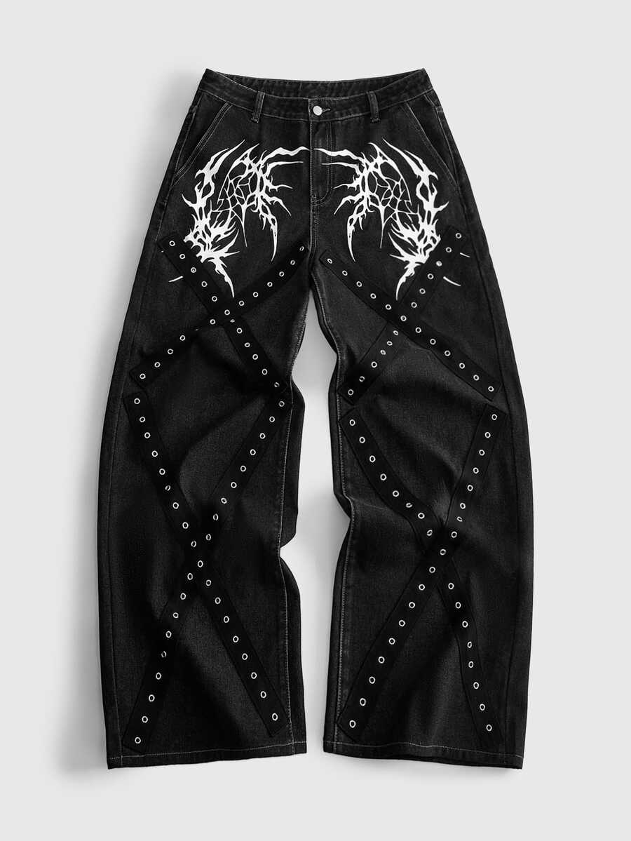 ROMWE MEN Street Life Celana Jeans Pria Model Lurus dengan Motif Gothic dan Desain Lubang Kancing Tambal Sulam - Hitam - View 1