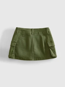 ROMWE Y2K Kawaii Caterpillar Embroidered Low Waist Mini Denim Skirt For Women - Army Green - View 2