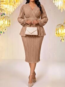Fleurora Plus Size Women's V-Neck Long Sleeve Top And Skirt Casual 2 Pieces Set - Gold - View 3