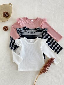 SHEIN Playful Pals 3件組女嬰粉色與白色條紋秋季可愛畢業返校軟彈素色荷葉邊長袖上衣休閒款 - 黑與白 - 查看 1