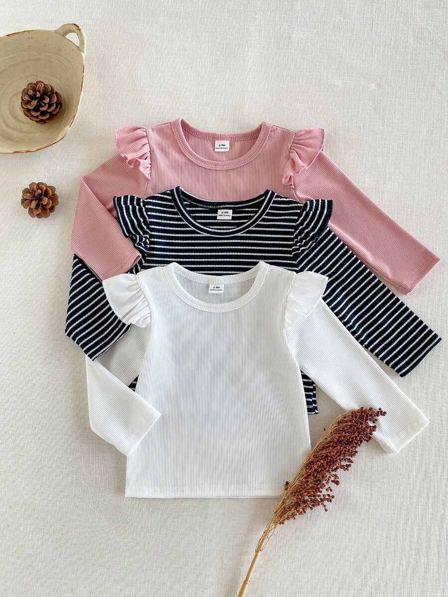 SHEIN Playful Pals 3件組女嬰粉色與白色條紋秋季可愛畢業返校軟彈素色荷葉邊長袖上衣休閒款 - 黑與白 - 查看 1