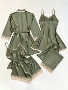 SilkySpell 5-Piece Contrast Trim Faux Silk Camisole, Shorts, Pants, Robe And Nightgown Set - Army Green - View 2