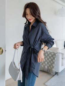 DAZY 女款休閒長版條紋襯衫附腰部綁帶 - 藍色 - 查看 5