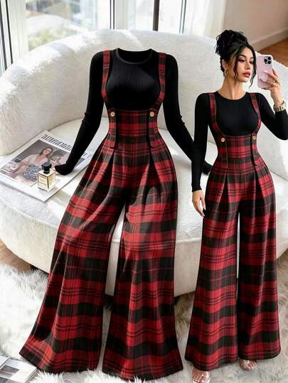 GlowEve Women's 2pcs Set: Solid Color Round Neck Long Sleeve Base Layer T-Shirt & Plaid Print Overall Pants, Casual Elegant Daily Vacation Travel Commute Office Wear, New For Autumn Winter Spring
