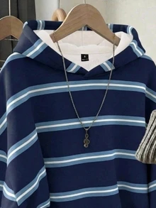 SHEIN EZwear 韓式時尚百搭深藍與淺藍拼色條紋圖案運動衫，適合外穿、攝影、露營、秋冬、返校，女款標準圓領 - 彩色 - 查看 4