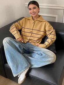 DAZY Contrast Color Striped High Neck Long Sleeve Loose Fit Horn Button Cardigan For Women - Coffee Brown - View 5