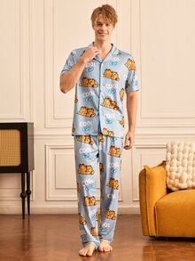 Notgurli GARFIELD | SHEIN Men's Cat Print Single-Breasted Short Sleeve Shirt And Shorts 2 Pieces Set - Multicolor - View 3