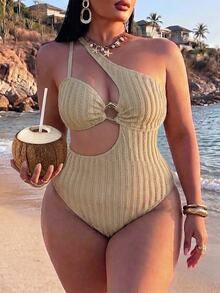 SHEIN Swim Plus Size One-Piece Fashion Asymmetrical Shoulder Swimsuit, Textured Ruched Waist And Abdomen With Cutout And Gold Ring Buckle Decor, Suitable For Casual Vacation Swimwear - Beige - View 1