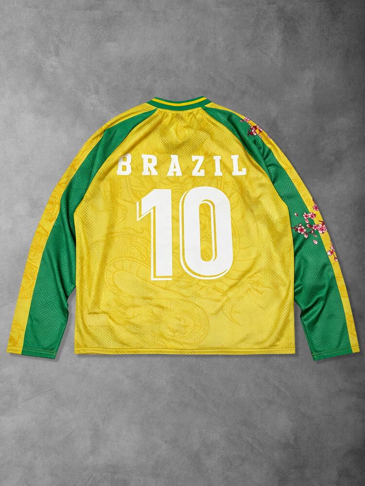ROMWE MEN 2026 Spring/Autumn New Digital Print Pattern Design World Cup Jersey College Style Men's T-Shirt Unisex Couple Matching Loose Casual Fashion Long Sleeve Top - Multicolor - View 2
