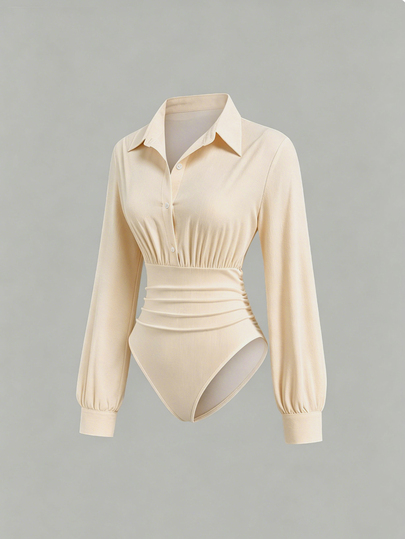 Sweetra Minimalist Casual White Polo Collar Long Sleeve Jumpsuit, Versatile Slim Fit Waist-Cinching Flattering Shirt Top