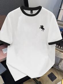 Manfinity Hypemode Plus Size Men's Crew Neck Contrast Trim Graphic Print Casual Minimalist Short Sleeve T-Shirt - Black and White - View 1