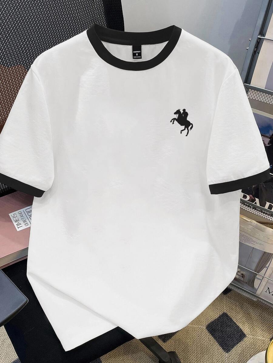 Manfinity Hypemode Plus Size Men's Crew Neck Contrast Trim Graphic Print Casual Minimalist Short Sleeve T-Shirt - Black and White - View 1
