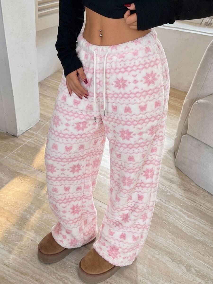 Comfortcana Women's Fluffy Snowflake & Geometric Pattern Long Pants, Comfortable For Home Wear - Pink - View 1