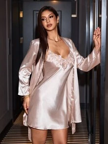 SilkySpell Women's 2 Pieces Khaki Pajama Set With Heavy Lace Detail, New Style - Khaki - View 3