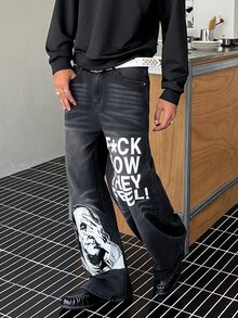 STEELVANCE 男士美式街頭風 Frank 肖像印花黑色水洗牛仔直筒寬腿長褲 - 深灰色 - 查看 4