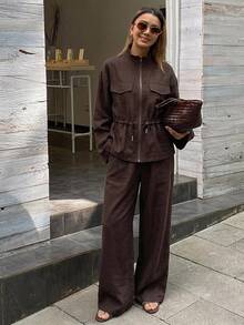 Dazy Tall Women's Stand Collar Long Sleeve Zip-Up Cinched Waist Large Pocket Jacket With Wide Leg Pants, Coffee Brown 2 Pieces Set - Coffee Brown - View 8