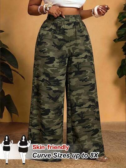 SHEIN CURVE+ 2026 Autumn/Winter New Arrival Vacation Casual & Daily Streetwear & Beach & Sand & Vacation & Vacation & Bonfire Party Multi-Color Camouflage Pattern Element Print Loose Extra Long Women's Plus Size Pants (Autumn/Winter Style)