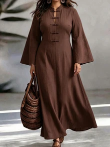 Weeklong Plus Size Frog Button Stand Collar Pleated Maxi Dress, Casual Elegant Long Dress - Brown - View 1