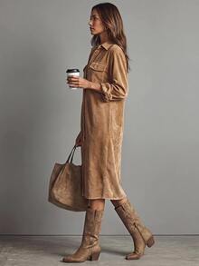 SHEIN LUNE Plus Size Fashion Button Long Sleeve Pocket Vacation Dress - Camel - View 3