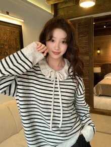 DAZY Women's Collared Striped Long Sleeve Casual Sweater, Autumn/Winter, Style - Black and White - View 6