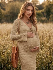 Boho Mama 孕婦純色前綁帶V領喇叭袖側開衩休閒洋裝 秋季 - 卡其色 - 查看 2