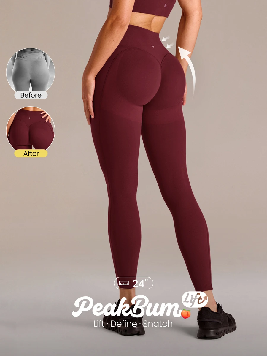 GLOWMODE 24吋 Peakbum-Lift FeatherFit™-Sculpt 提臀收腹側口袋運動緊身褲 中強度訓練跑步健身房健身運動服 - 酒紅色 - 查看 1