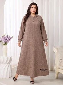 Feyla Plus Size Women's Solid Color Button Design Raglan Long Sleeve Casual Hooded Sweatshirt Dress - Khaki - View 6