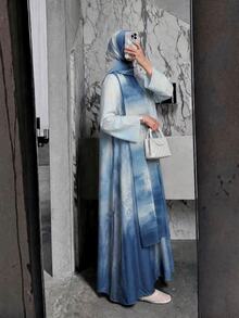 Yasveil 女款印花休閒優雅寬鬆長款睡袍附頭巾 - 霧霾藍 - 查看 4