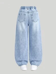 SHEIN Genkimix Kids 女童牛仔長褲 全季新款 Y2K 風格 復古淺藍色 鬆緊腰頭＋草莓印花設計 破洞磨損毛邊 雪花洗水 - 淺色水洗藍 - 查看 2
