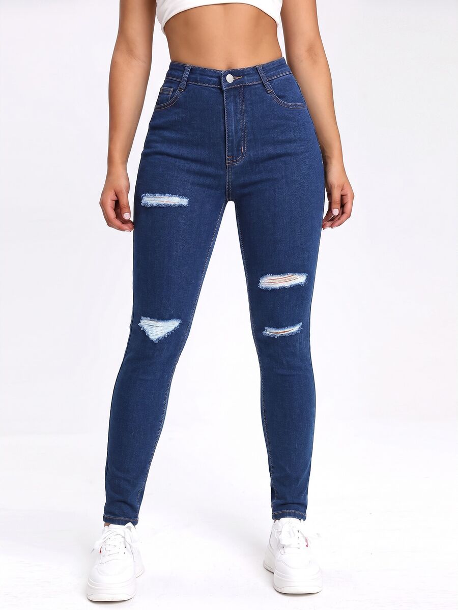 SHEIN EZwear 黑色斜口袋破洞緊身牛仔褲 - 藍色 - 查看 1