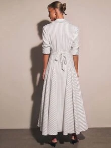 COSMINA 女款簡約百搭條紋鈕扣商務洋裝 - 白色 - 查看 2
