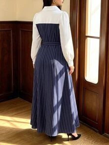 Auvina Plus Size Women's Striped Colorblock Casual Daily Summer Dress - Royal Blue - View 2