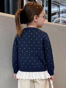 Hapijoa Young Girl Patchwork Ruffle Hem Long Sleeve Round Neck Cute Sweater - Navy Blue - View 4
