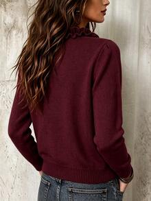 LUMIGAL Sweater Wanita Lengan Panjang Leher V dengan Motif Patchwork dan Hiasan Rumbai - Burgundy - View 2