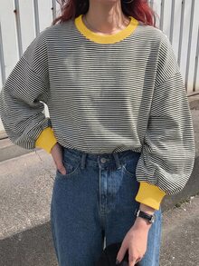 FRIFUL 女款拼色條紋圓領長袖時尚百搭T恤 - 黑色 - 查看 7