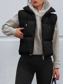 SHEIN Petite Size Zip Up Detailed With Drawstring Solid Black Color Casual Puffer Vest Coat - Black - View 1
