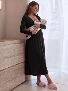 Slowluna Maternity Nursing Dress With Pleated Design, Minimalist Style For Pregnant And Postpartum Women - Black - View 3